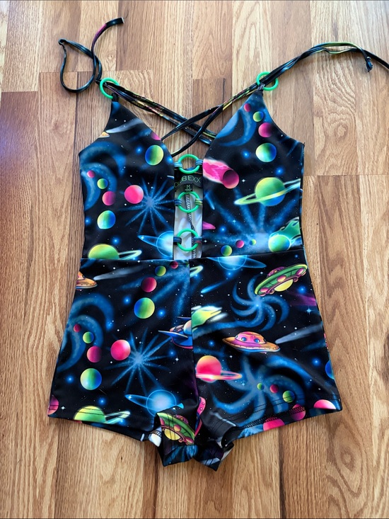 Dolls Kill Pants - CLUB EXX ✨Dolls Kill RAVER Space-babe Black and neon Romper Shorts. NWOT